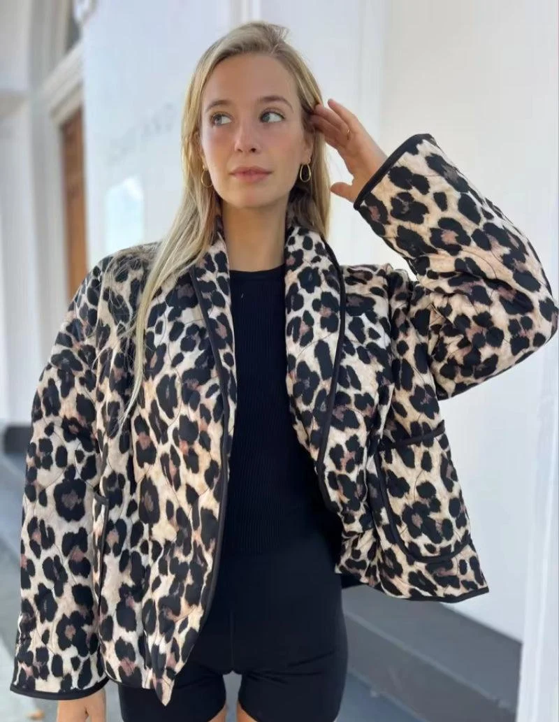 Cropped Leopard Quilted Jacket with Black Shorts — Leopard Coat Outfits