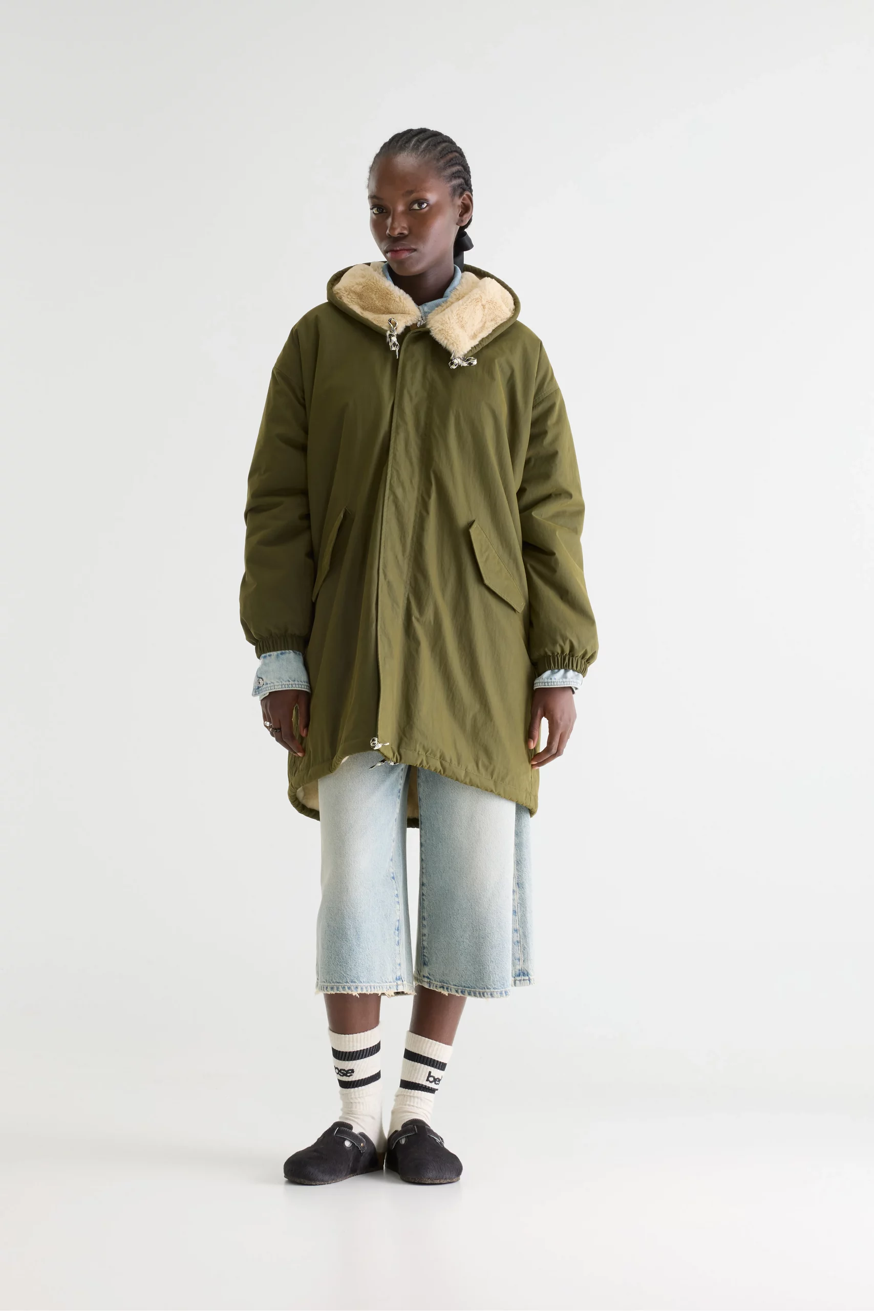 Oversized Olive Green Parka with Denim Shirt and Culottes — Parka Outfits