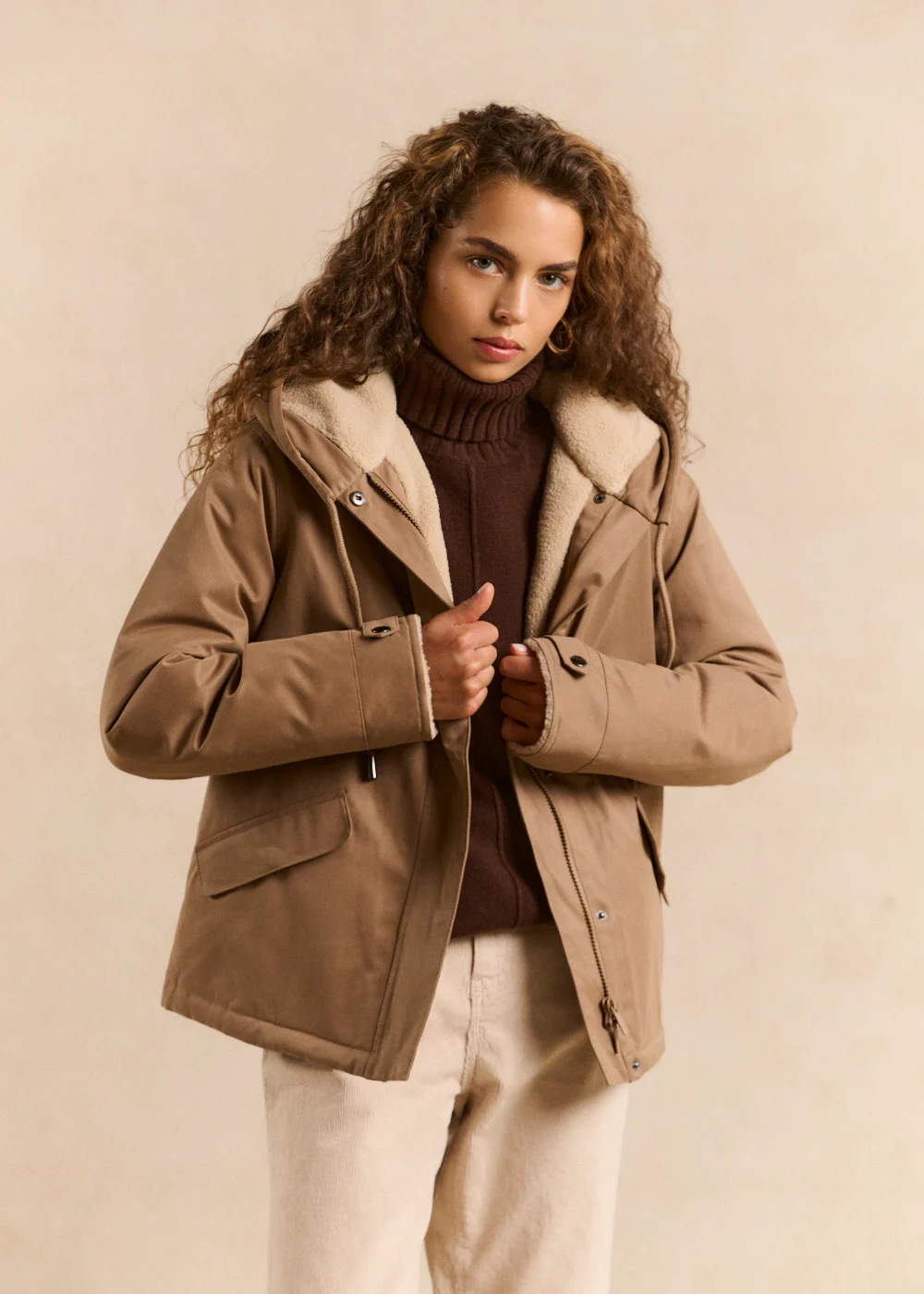 Sherpa-Lined Tan Parka with Turtleneck and Corduroy Pants — Parka Outfits