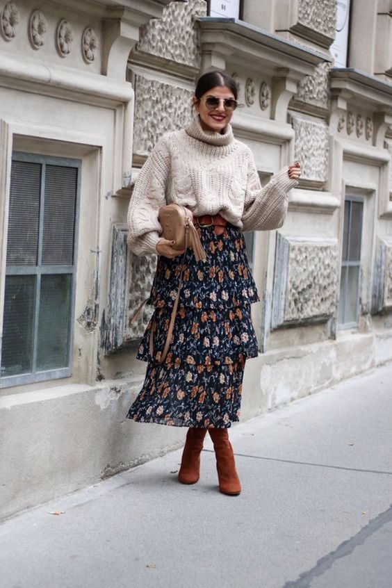 Chunky Knit Turtleneck with Floral Midi Skirt Chunky Knit Turtleneck with Floral Midi Skirt โ Sweater Outfits