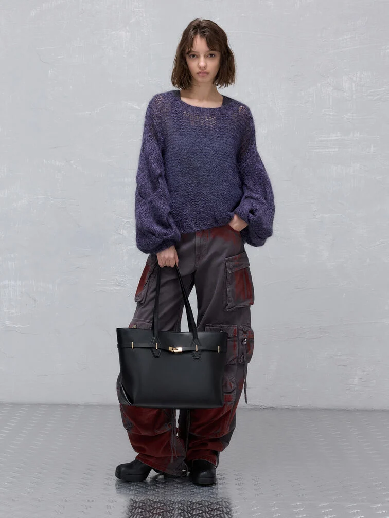 Purple Balloon Sleeve Sweater with Cargo Pants Purple Balloon Sleeve Sweater with Cargo Pants โ Sweater Outfits