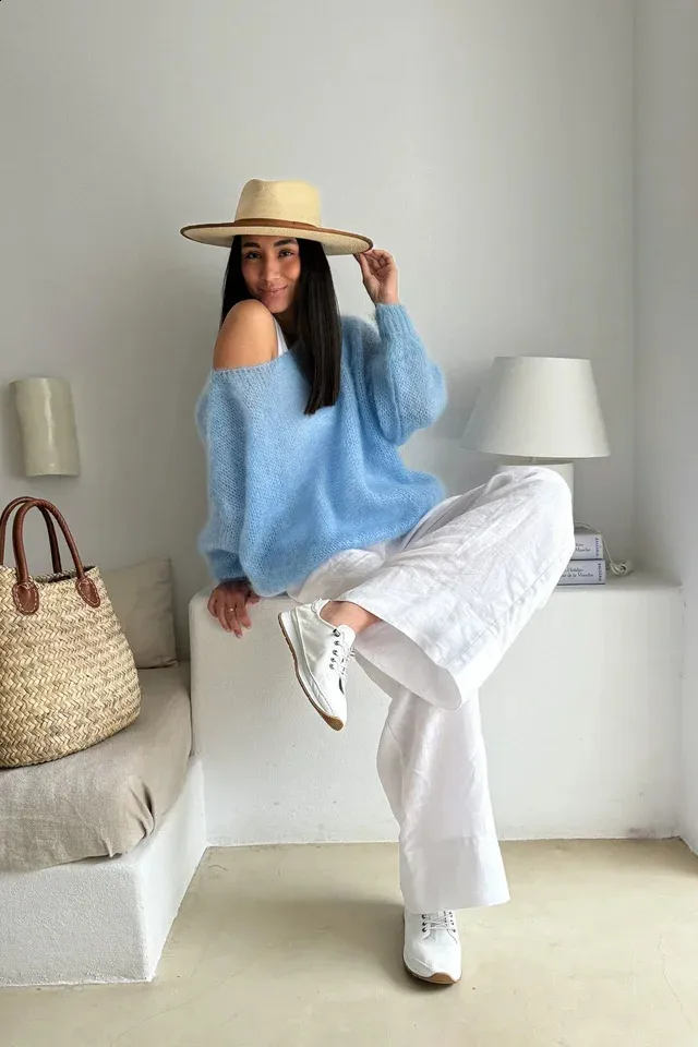 Light Blue Mohair Off-the-Shoulder Sweater with Linen Pants Light Blue Mohair Off-the-Shoulder Sweater with Linen Pants โ Sweater Outfits