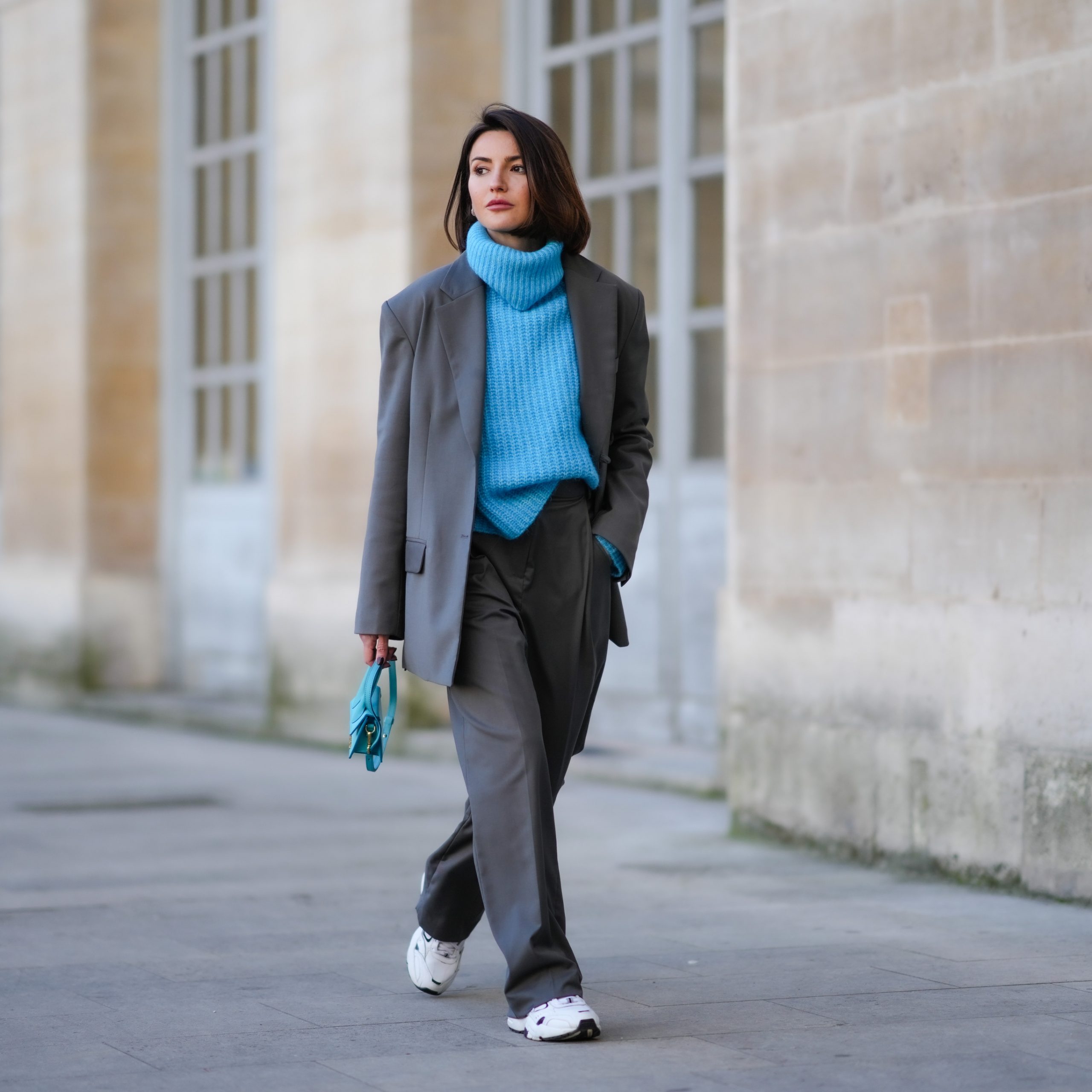 Bright Blue Turtleneck Under Grey Blazer for Smart Casual Bright Blue Turtleneck Under Grey Blazer for Smart Casual โ Sweater Outfits