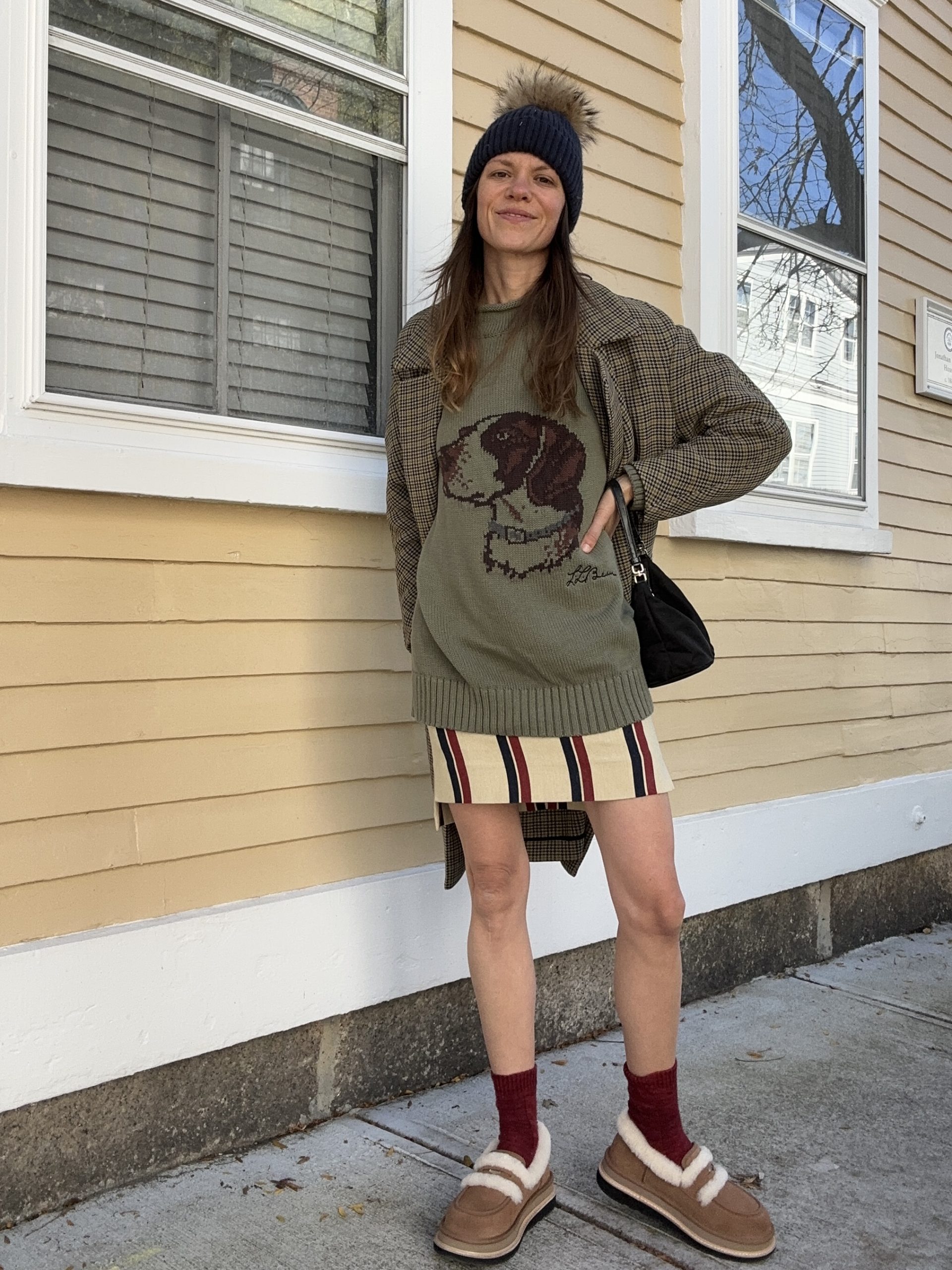 Dog Graphic Sweater Under Plaid Coat with Mini Skirt Dog Graphic Sweater Under Plaid Coat with Mini Skirt โ Sweater Outfits