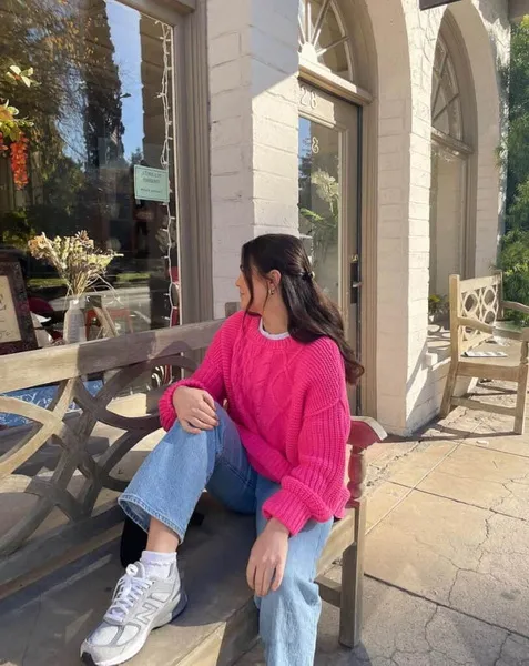 Vibrant Pink Sweater with Light Wash Denim Vibrant Pink Sweater with Light Wash Denim โ Sweater Outfits