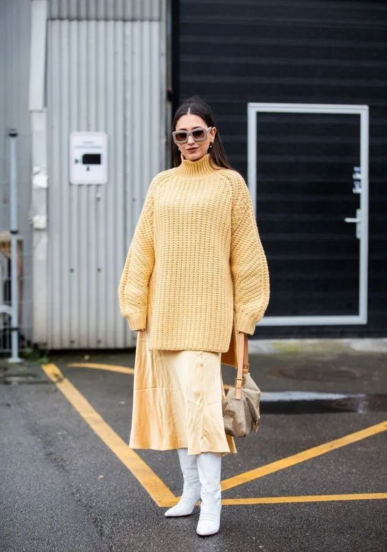 Vibrant Pop: Yellow Oversized Sweater with Satin Skirt — Oversized Sweater Outfits