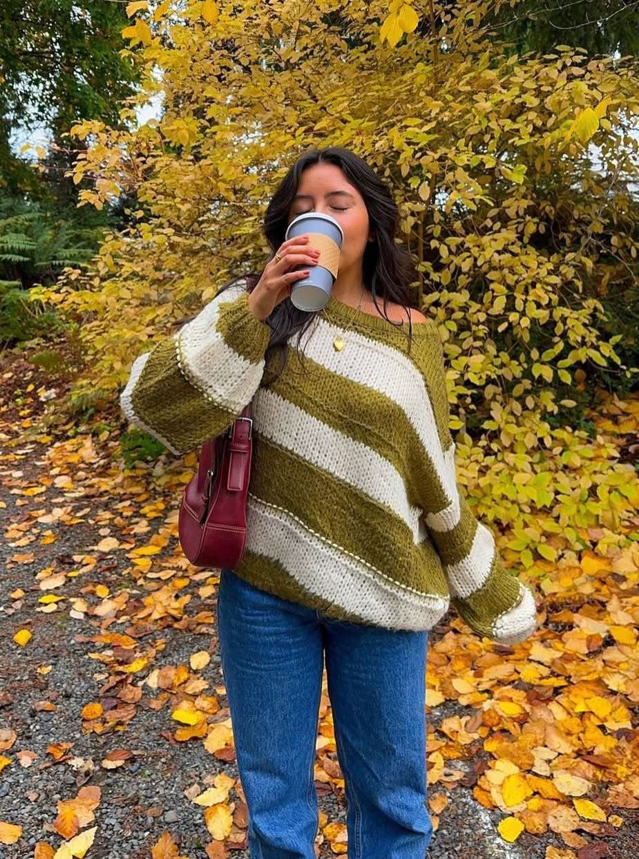 Striped Statement: Green and Cream Sweater with Denim — Oversized Sweater Outfits