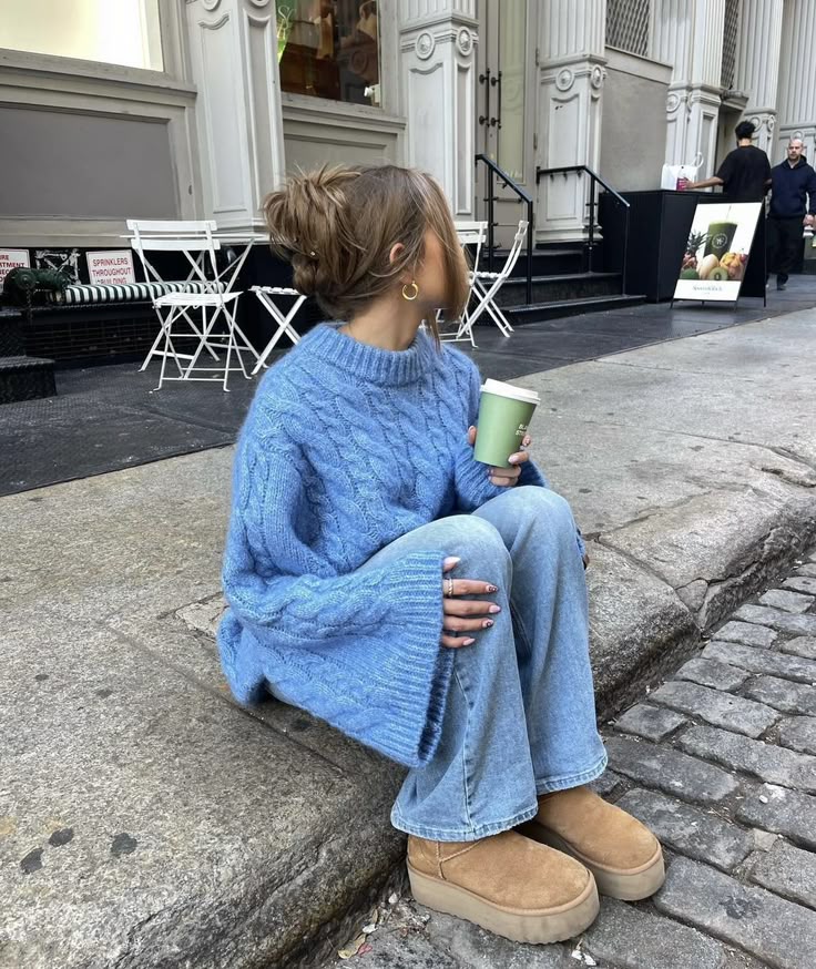 Street Style Ready: Light Blue Cable Knit Sweater with Denim — Oversized Sweater Outfits