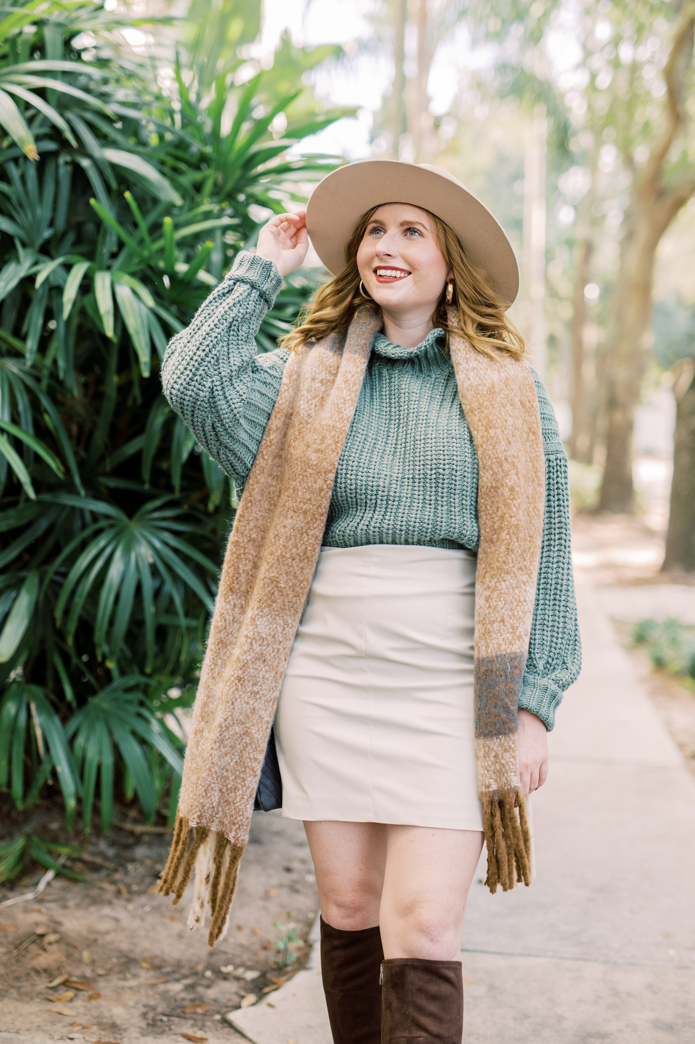 Mint Green Turtleneck with Faux Leather Mini Skirt and Scarf — Turtleneck Outfits