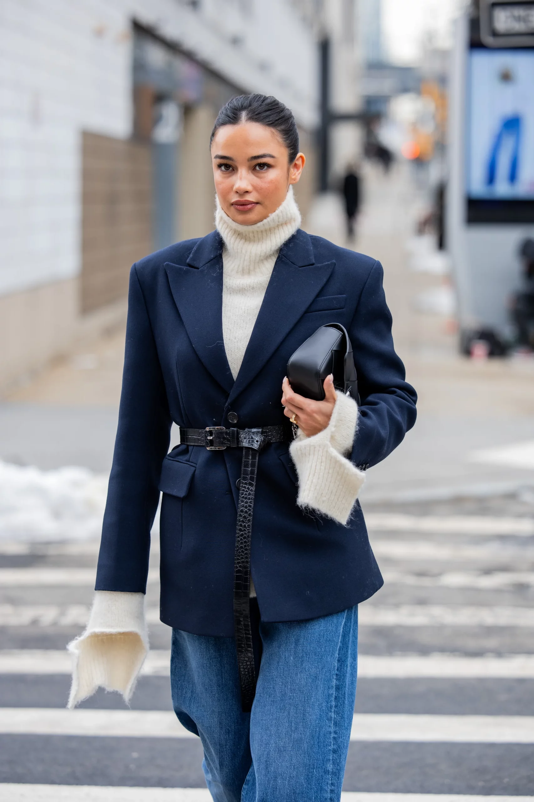 Cream Turtleneck Under an Oversized Navy Blazer — Turtleneck Outfits