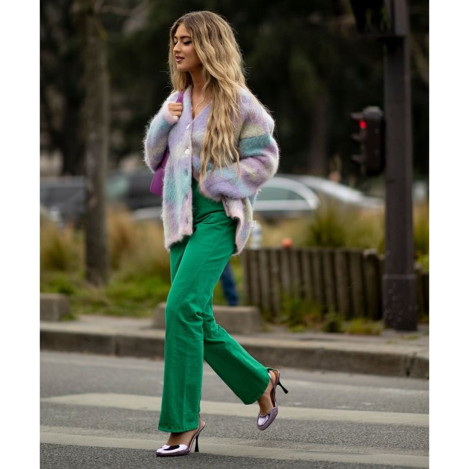 Fuzzy Pastel Cardigan with Green Wide-Leg Pants Fuzzy Pastel Cardigan with Green Wide-Leg Pants โ Cardigan Outfits