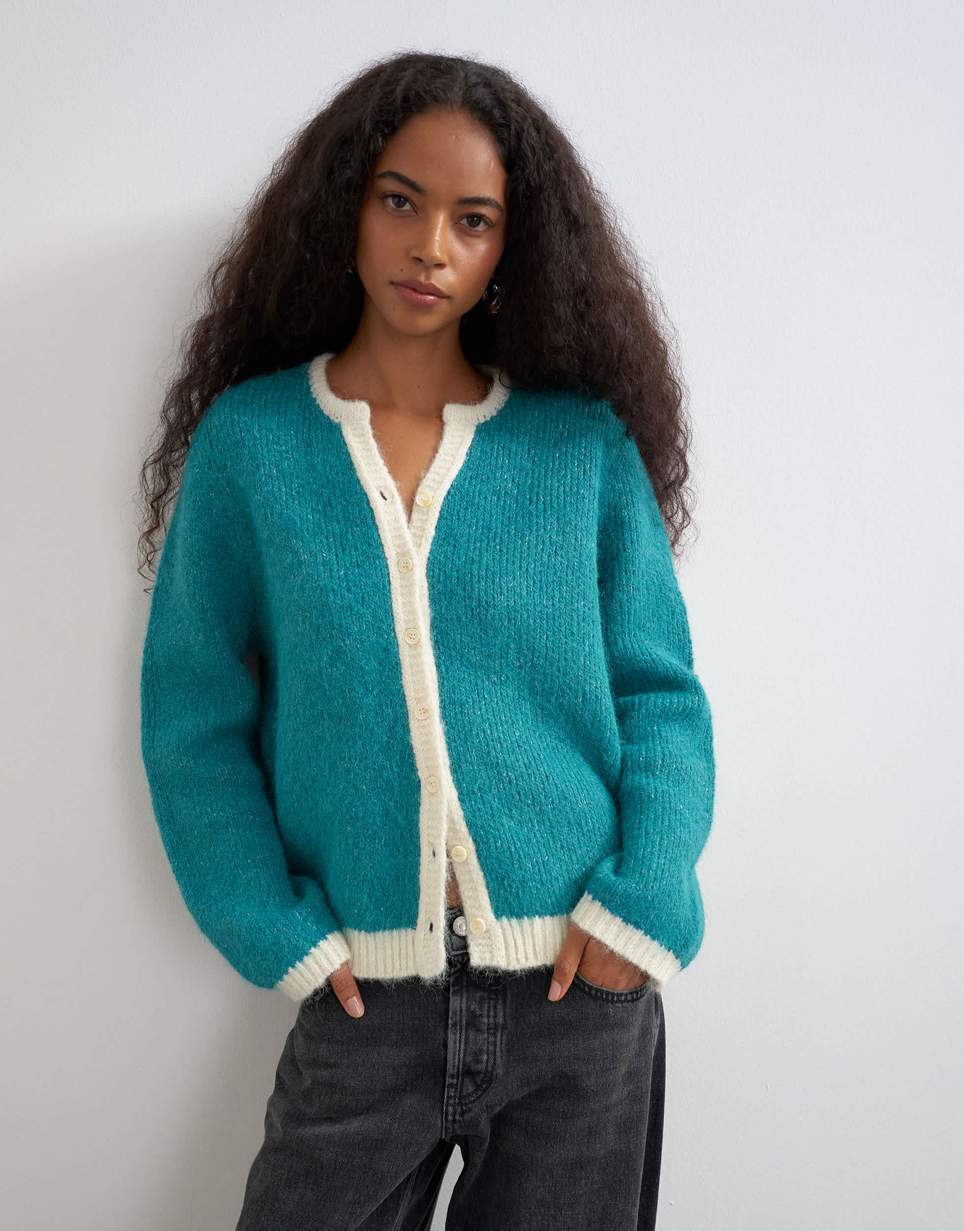 Teal Mohair Blend Cardigan with Cream Trim Teal Mohair Blend Cardigan with Cream Trim โ Cardigan Outfits