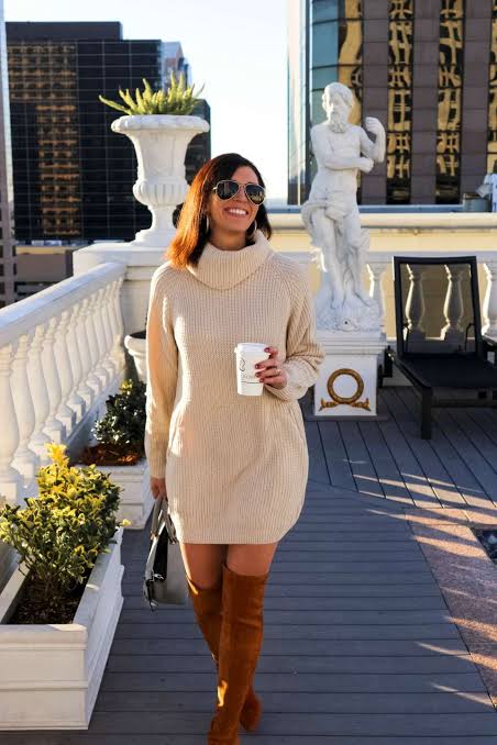 Beige Ribbed Turtleneck Sweater Dress with Tan Over-the-Knee Boots Beige Ribbed Turtleneck Sweater Dress with Tan Over-the-Knee Boots โ Sweater Dress Outfits