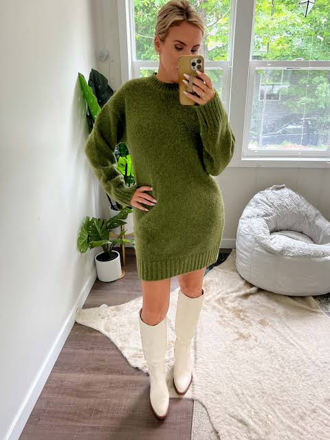Green Chunky Knit Sweater Dress with White Knee-High Boots Green Chunky Knit Sweater Dress with White Knee-High Boots โ Sweater Dress Outfits