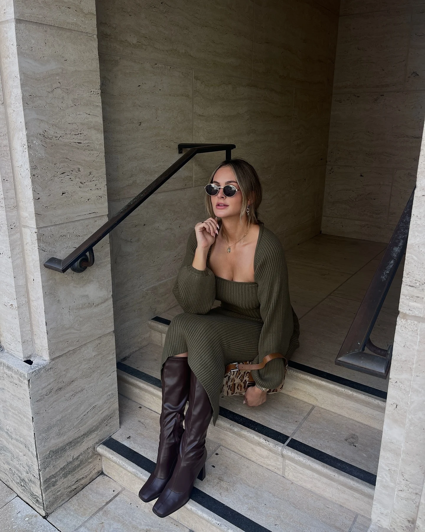 Olive Green Square Neck Sweater Dress with Brown Boots Olive Green Square Neck Sweater Dress with Brown Boots โ Sweater Dress Outfits