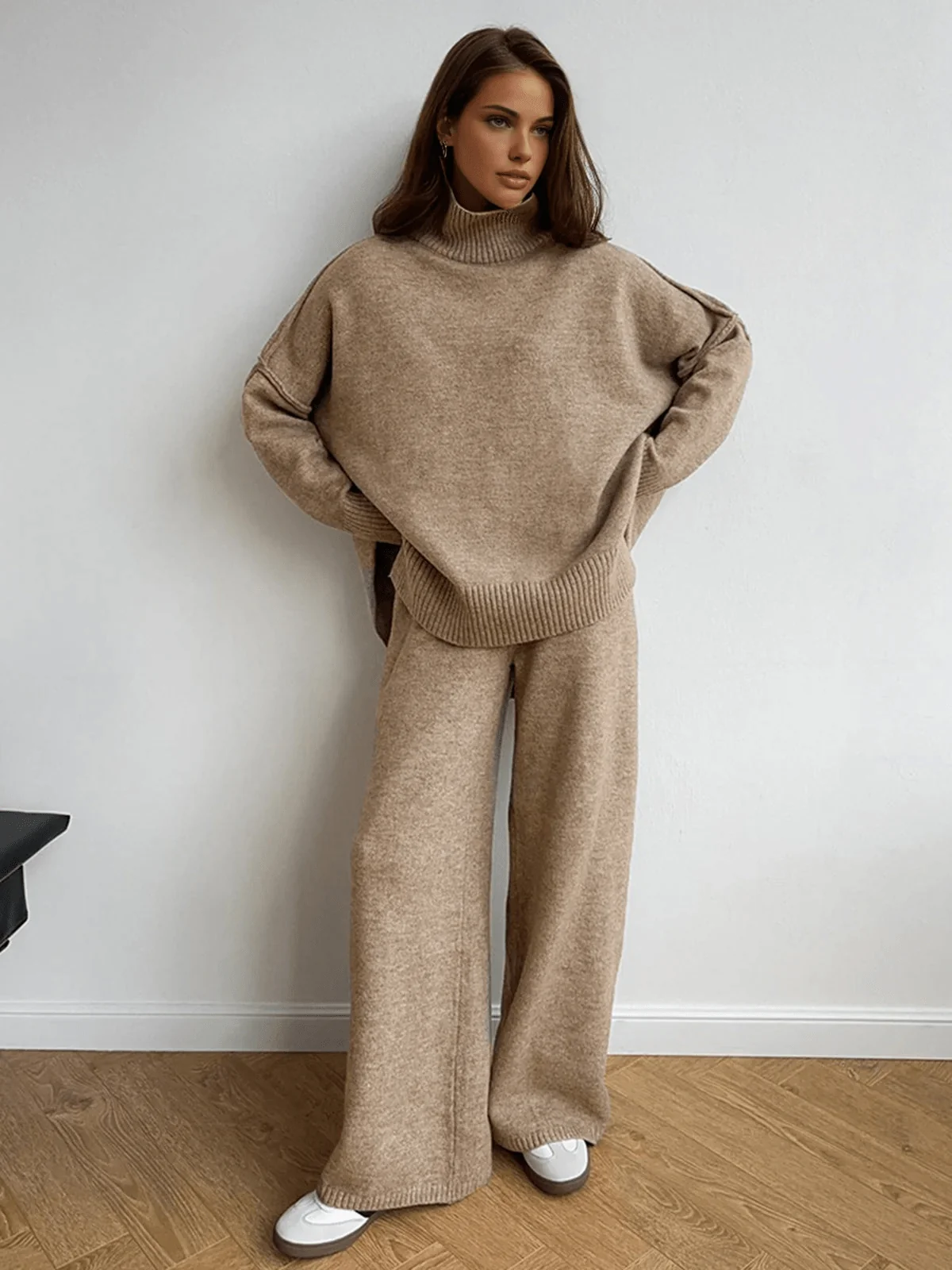 Casual Minimalist Beige Knit Set with Oversized Turtleneck and Wide-Leg Pants Casual Minimalist Beige Knit Set with Oversized Turtleneck and Wide-Leg Pants โ Knit Set Outfits