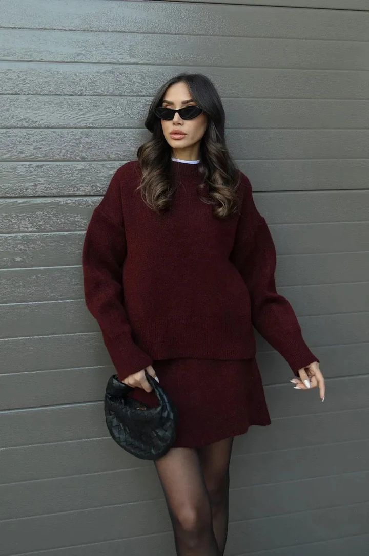 Textured Dark Red Knit Set with Oversized Sweater and Mini Skirt Textured Dark Red Knit Set with Oversized Sweater and Mini Skirt โ Knit Set Outfits