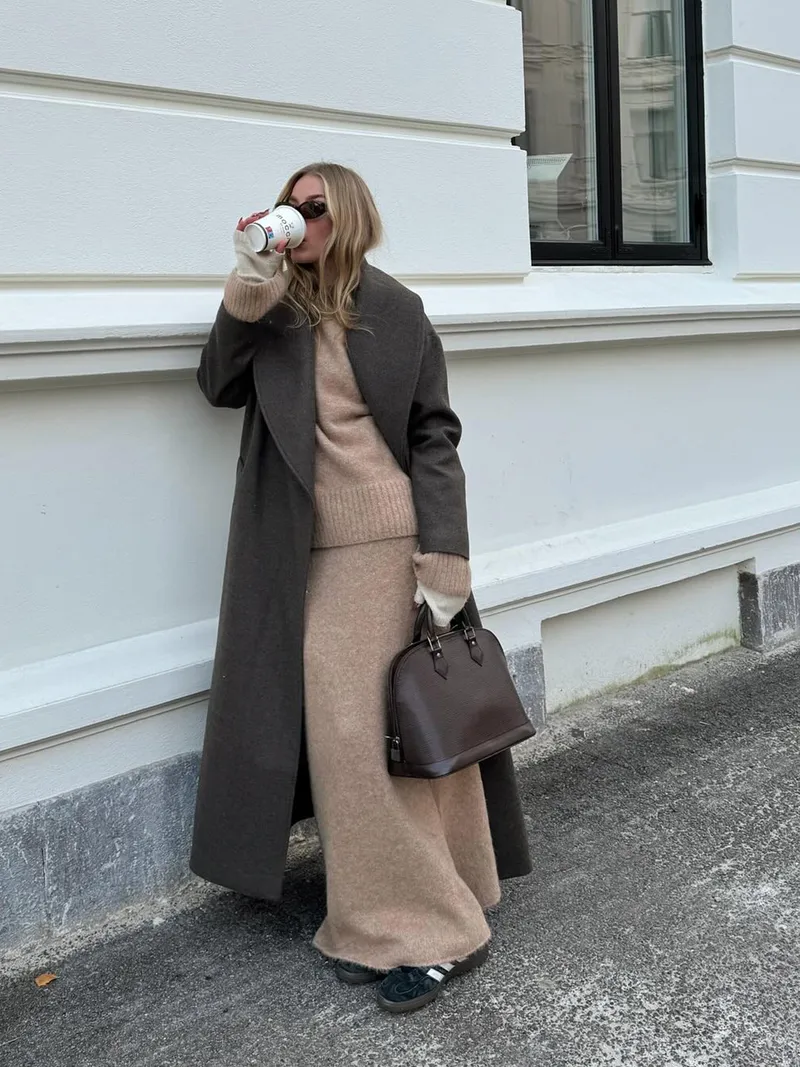 Layered Neutral Knit Set with Long Coat and Sneakers Layered Neutral Knit Set with Long Coat and Sneakers โ Knit Set Outfits
