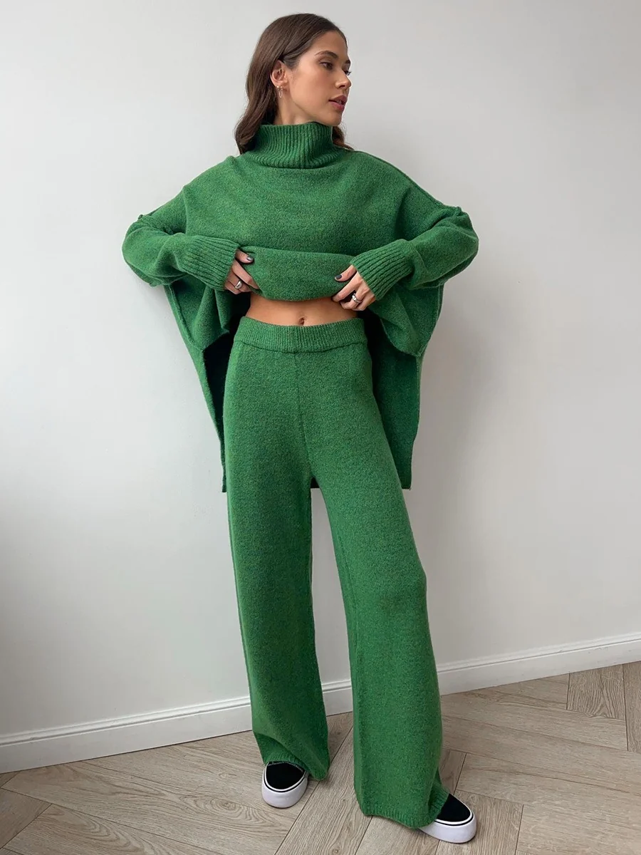 Vibrant Green Knit Set with Oversized Turtleneck and Wide-Leg Pants Vibrant Green Knit Set with Oversized Turtleneck and Wide-Leg Pants โ Knit Set Outfits