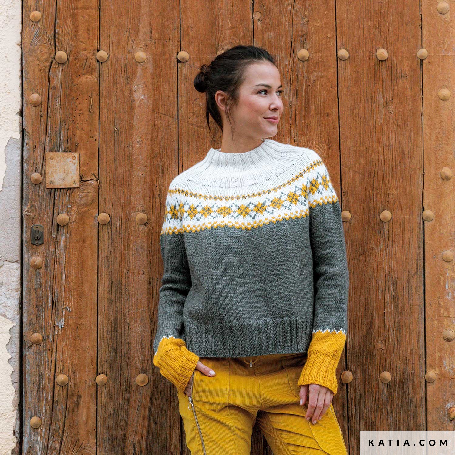 Grey Fair Isle Sweater with Yellow Trousers for a Pop of Color Grey Fair Isle Sweater with Yellow Trousers for a Pop of Color โ Fair Isle Sweater Outfits