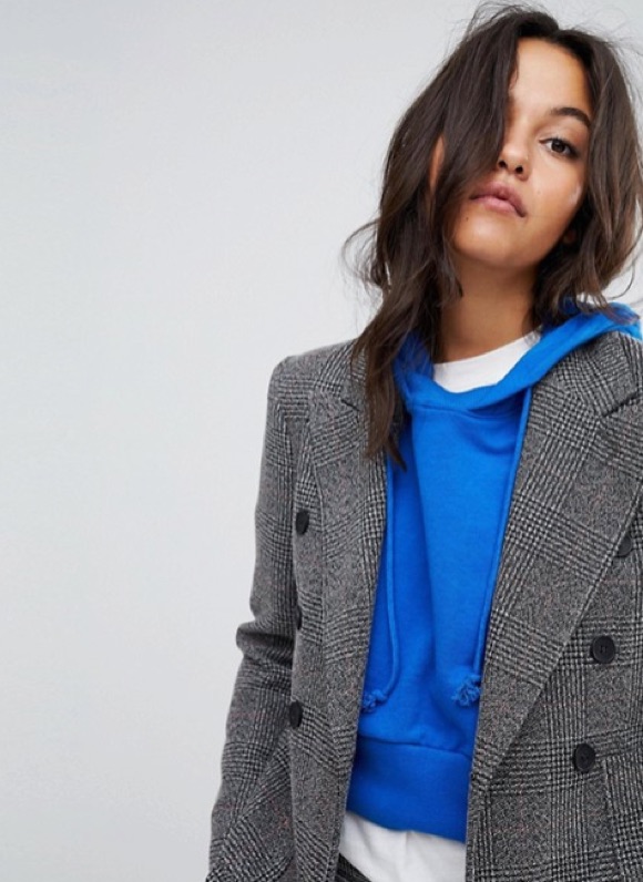 Layering a Vibrant Blue Hoodie Under a Plaid Blazer Layering a Vibrant Blue Hoodie Under a Plaid Blazer โ Hoodie Outfits