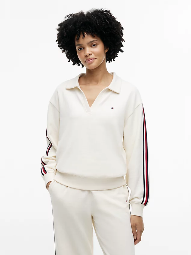 Collared Sweatshirt Set with Striped Sleeve Details Collared Sweatshirt Set with Striped Sleeve Details โ Loungewear Outfits