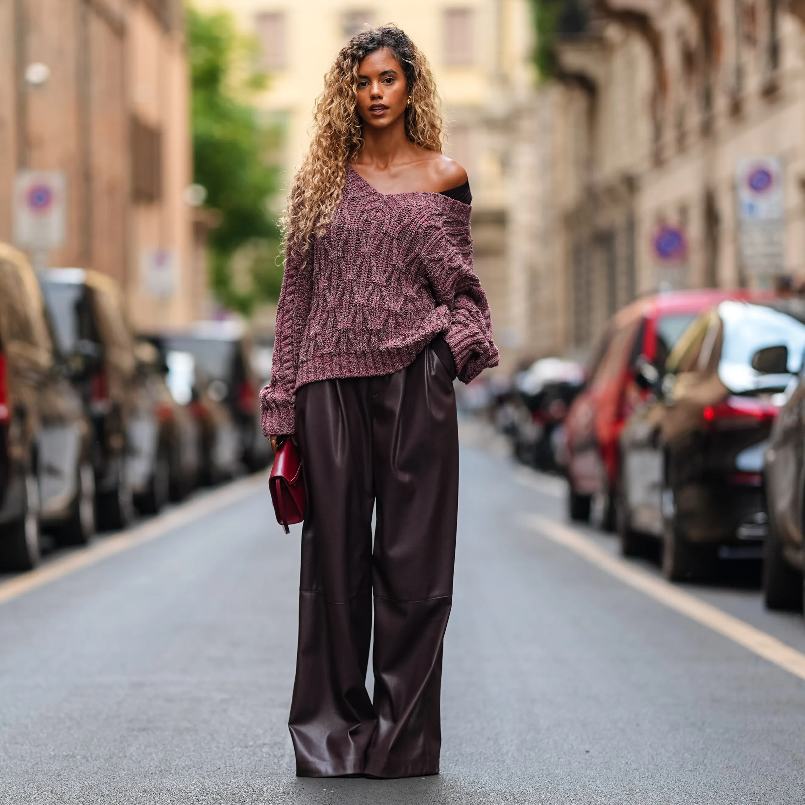 Relaxed Burgundy Leather Pants with Oversized Sweater — Leather Pants Outfits