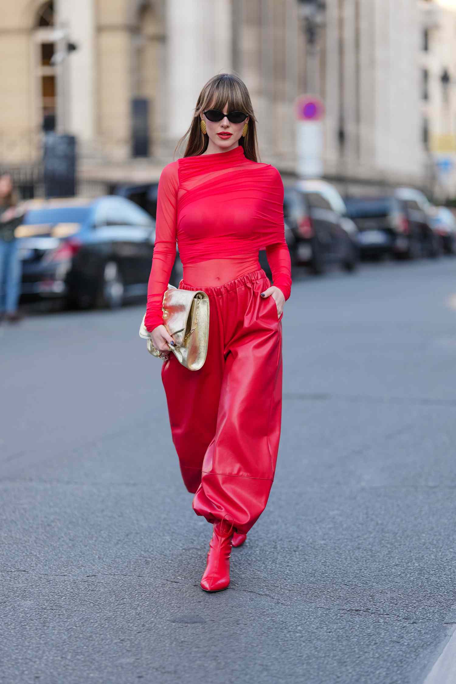 Bold Red Statement with Balloon Leg Leather Pants — Leather Pants Outfits