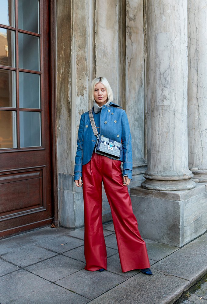 Bold Red Leather Pants with Denim Jacket — Leather Pants Outfits