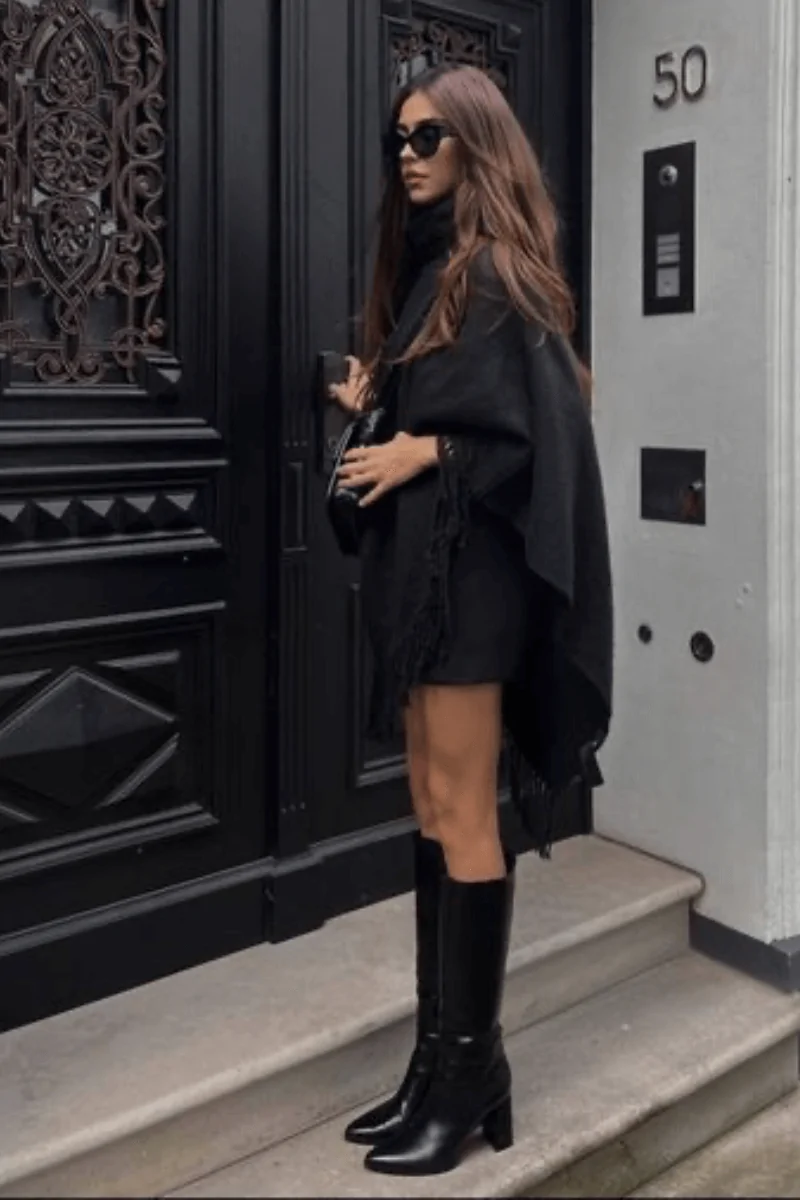 Monochromatic Black Boots with a Fringe Poncho — Over the Knee Boots Outfits