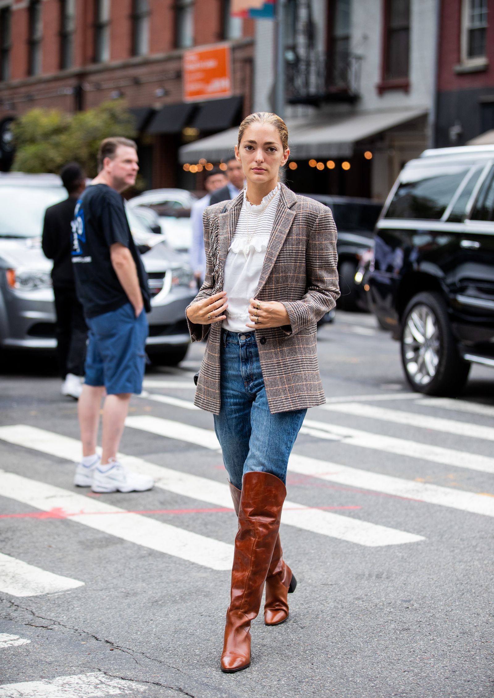 Brown Leather Boots with Plaid Blazer and Ruffled Blouse — Over the Knee Boots Outfits