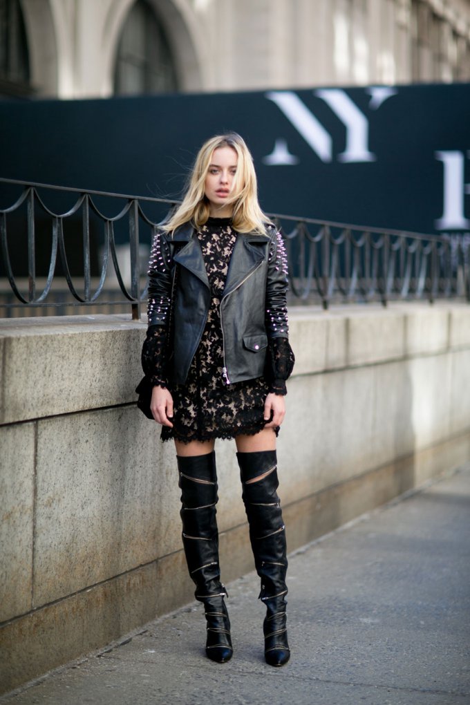 Cut-Out Leather Boots with a Lace Dress and Vest — Over the Knee Boots Outfits