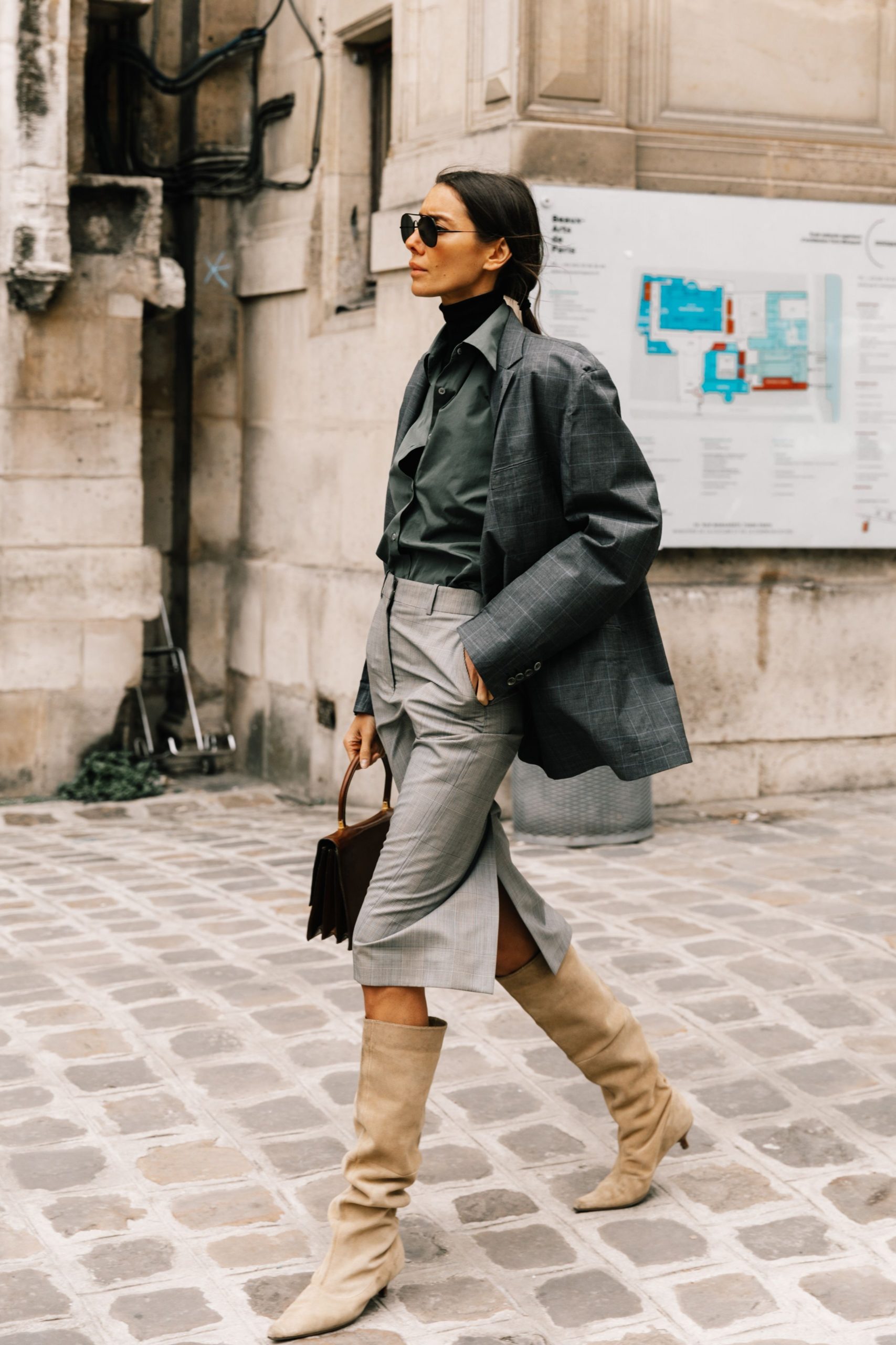 Beige Suede Boots with Oversized Blazer and Turtleneck — Over the Knee Boots Outfits