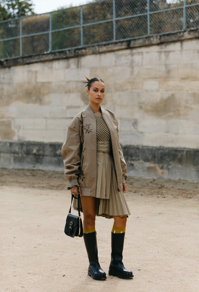 Chunky Boots with Pleated Skirt and Bomber Jacket — Over the Knee Boots Outfits