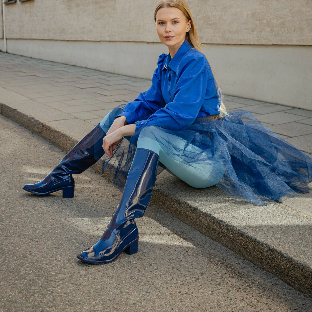 Monochromatic Blue Patent Boots with a Tulle Skirt — Over the Knee Boots Outfits