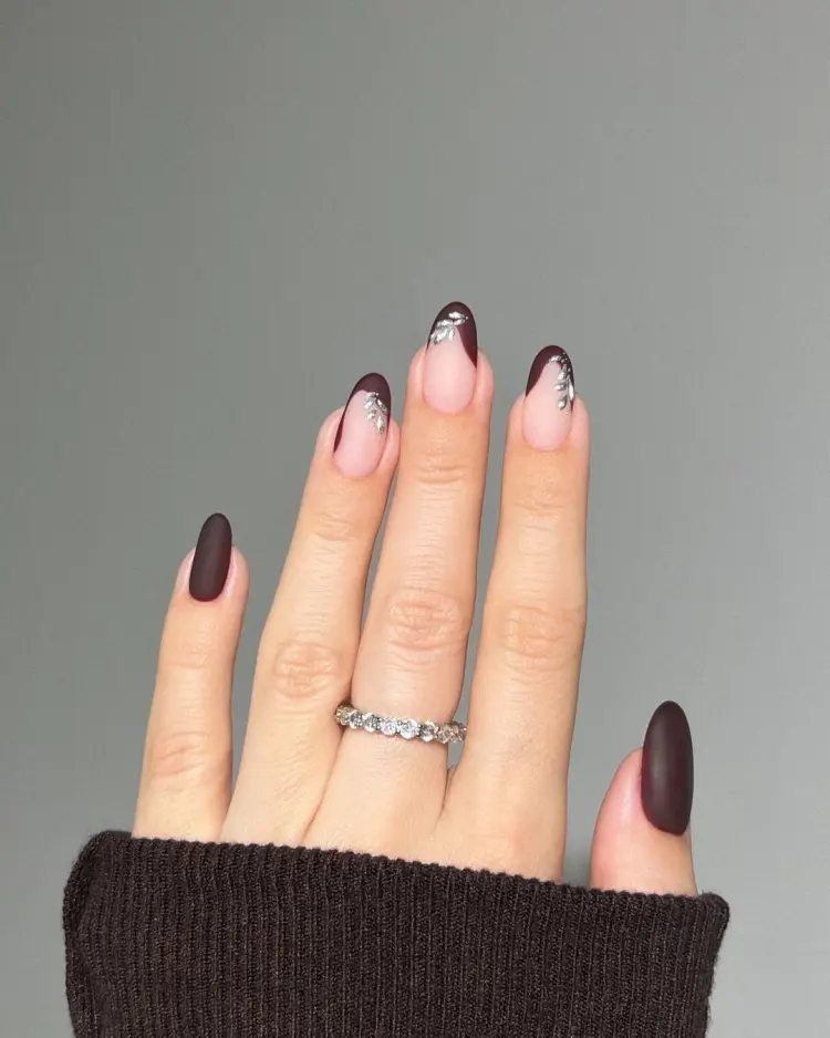 Matte Deep Brown French Silver Leaf Nails Matte Deep Brown French Silver Leaf Nails โ Winter Nail Colors for Women Over 40
