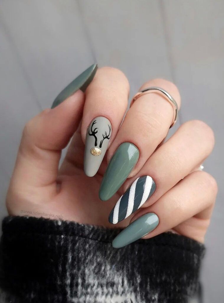 Matte Sage Reindeer Coffin Nails Matte Sage Reindeer Coffin Nails β Long Winter Nails