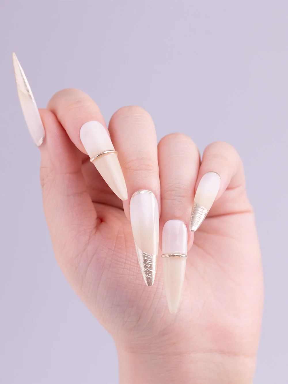 Beige Pink Gradient Gold Foil Stiletto Beige Pink Gradient Gold Foil Stiletto β Long Winter Nails