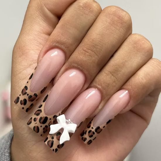 Nude Leopard Bow Stiletto Nails Nude Leopard Bow Stiletto Nails β Long Winter Nails