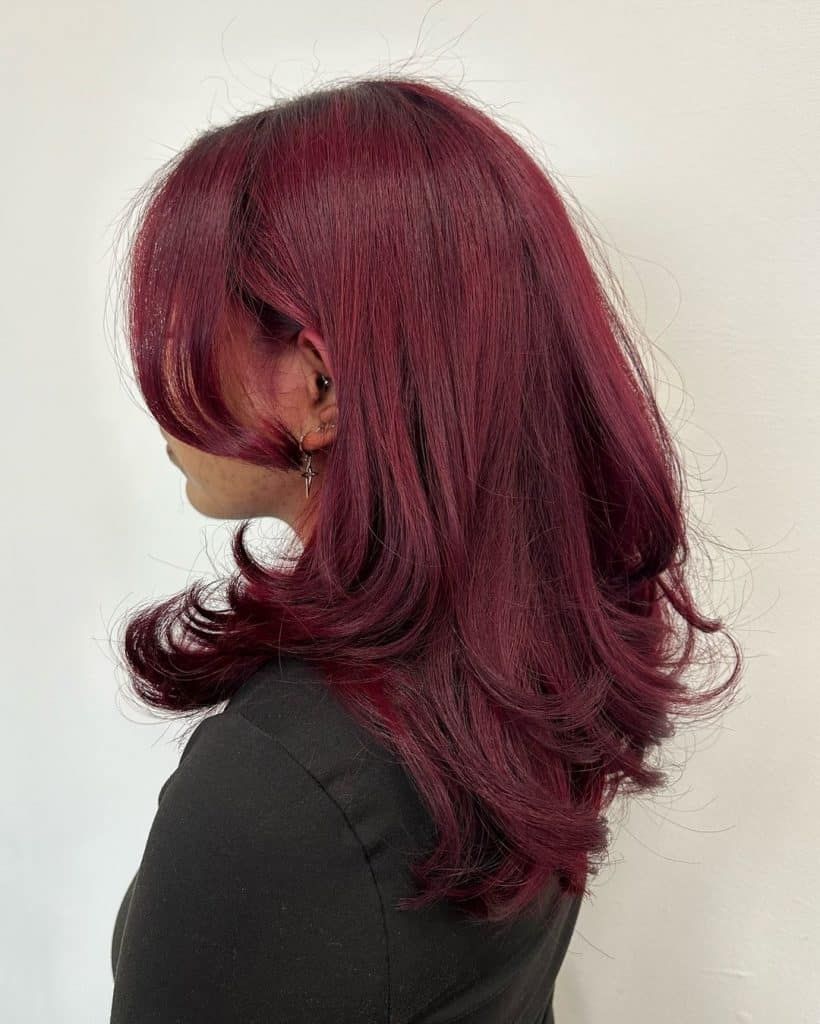 Deep Burgundy With Soft Side-Swept Bangs Deep Burgundy With Soft Side-Swept Bangs β Burgundy Hair Color