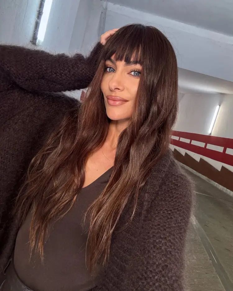 Layered Dark Brown With Full Fringe Layered Dark Brown With Full Fringe β Long Winter Haircuts
