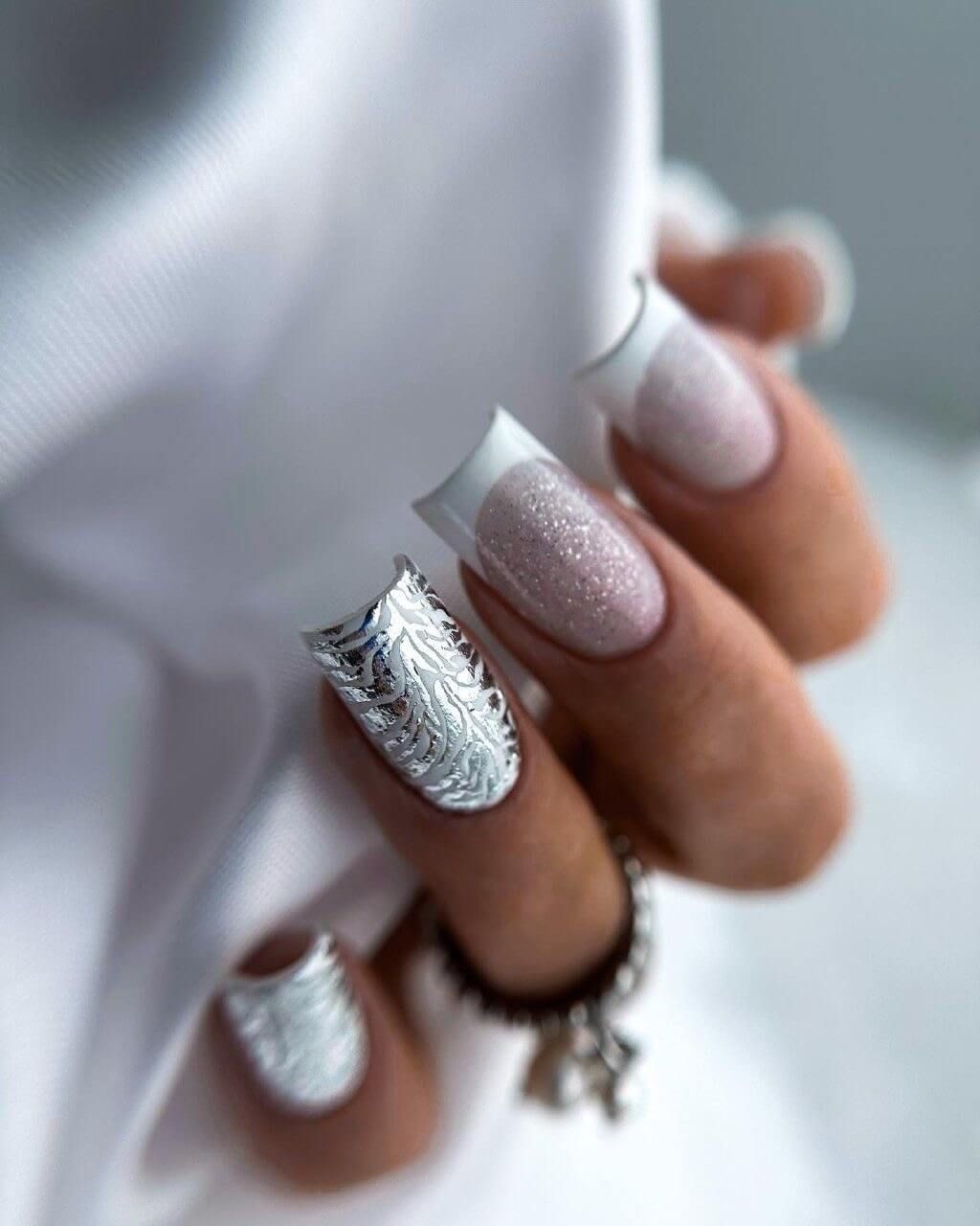 Pale Pink Silver Foil French Tips Pale Pink Silver Foil French Tips β Simple Christmas Nails 2026