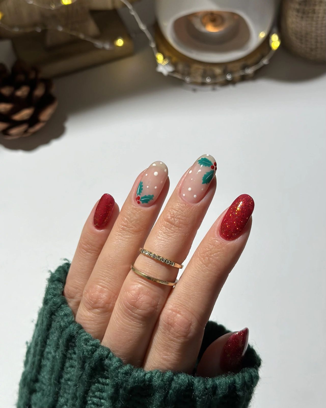 Nude Holly Sprig Glitter Nails Nude Holly Sprig Glitter Nails β Simple Christmas Nails 2026