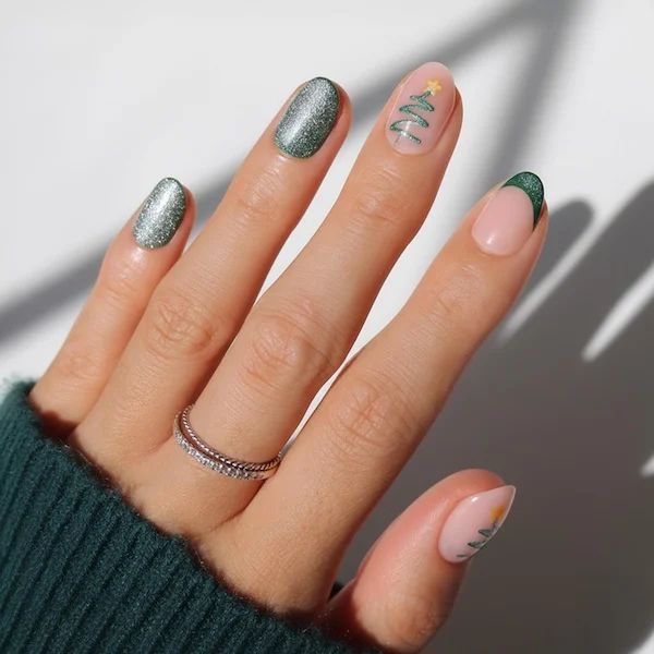 Green French Tip Minimalist Tree Almonds Green French Tip Minimalist Tree Almonds β Minimalist Christmas Nails 2026