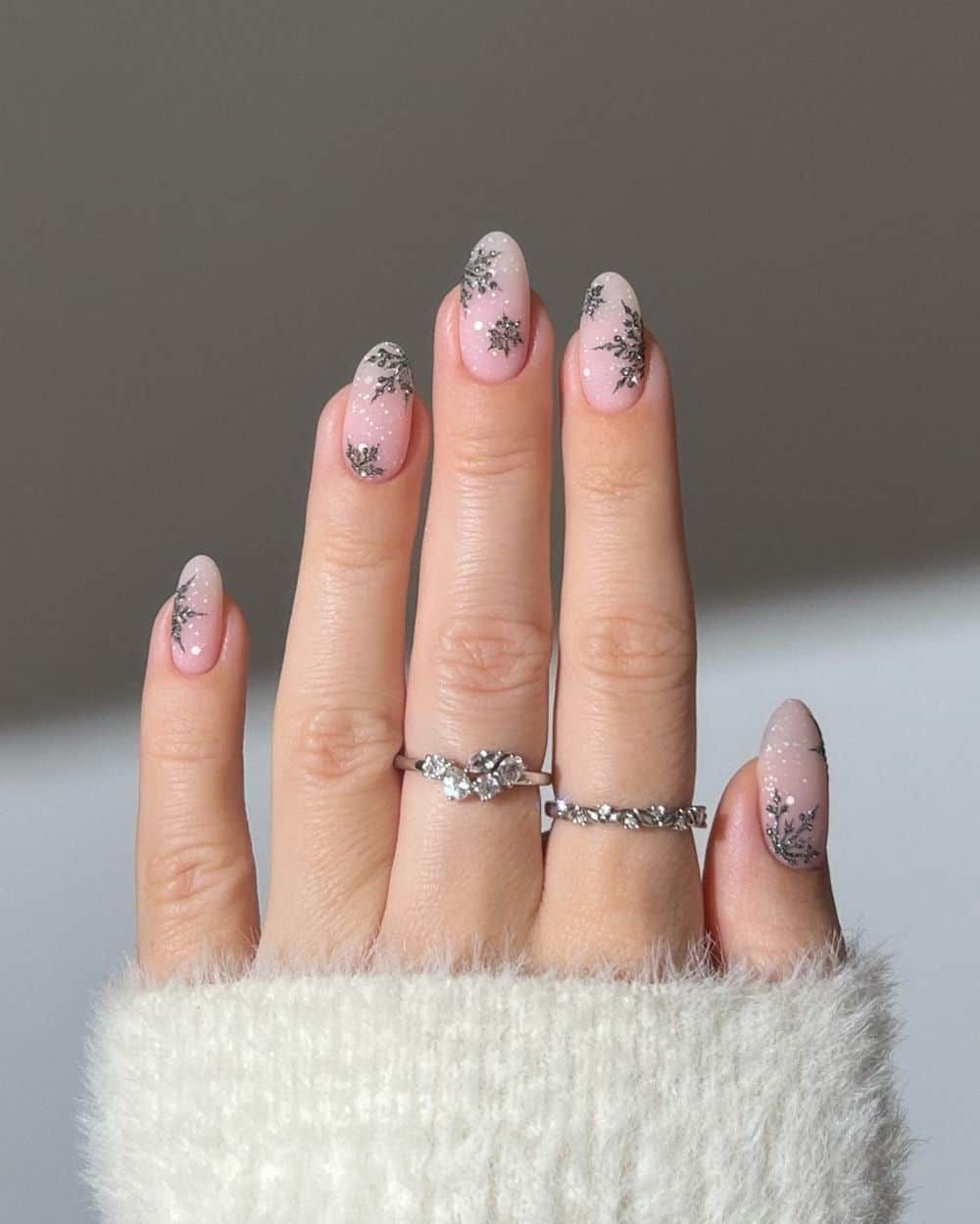 Pale Pink Glitter Snowflake Oval Nails Pale Pink Glitter Snowflake Oval Nails β Subtle Christmas Nails 2026