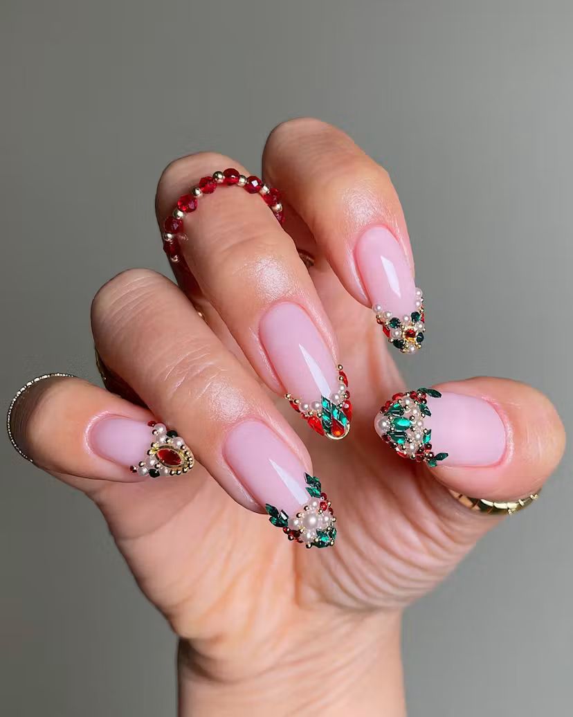Long Almond Jeweled French Tips Long Almond Jeweled French Tips β Subtle Christmas Nails 2026