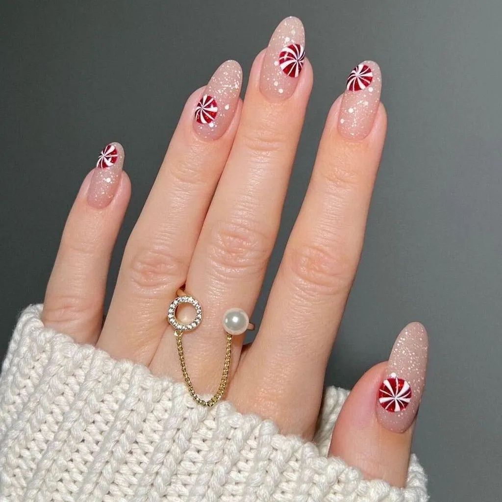 Sheer Nude Candy Cane Dots Sheer Nude Candy Cane Dots β Subtle Christmas Nails 2026