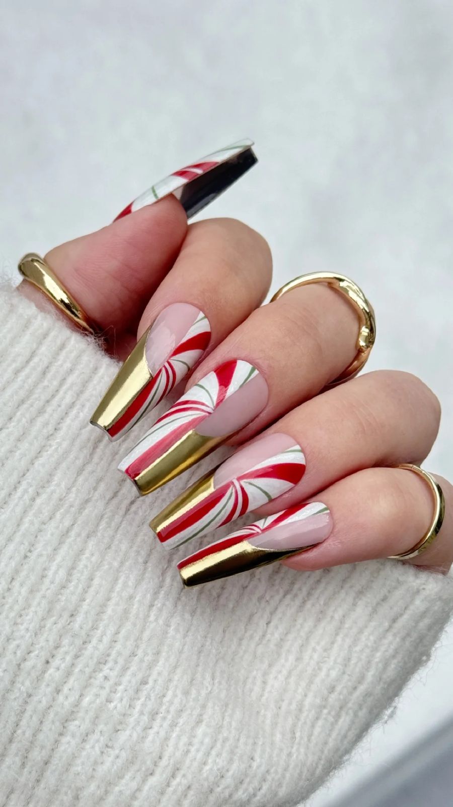 Gold Metallic French Candy Cane Square — Long Christmas Nails 2026