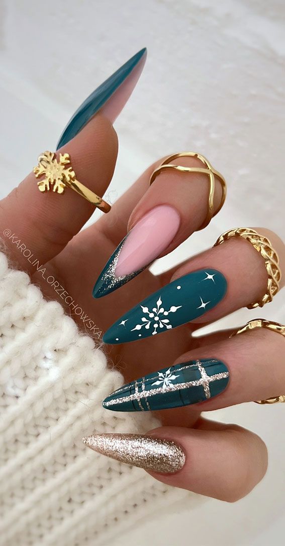 Teal Snowflake Plaid Almond Nails — Long Christmas Nails 2026