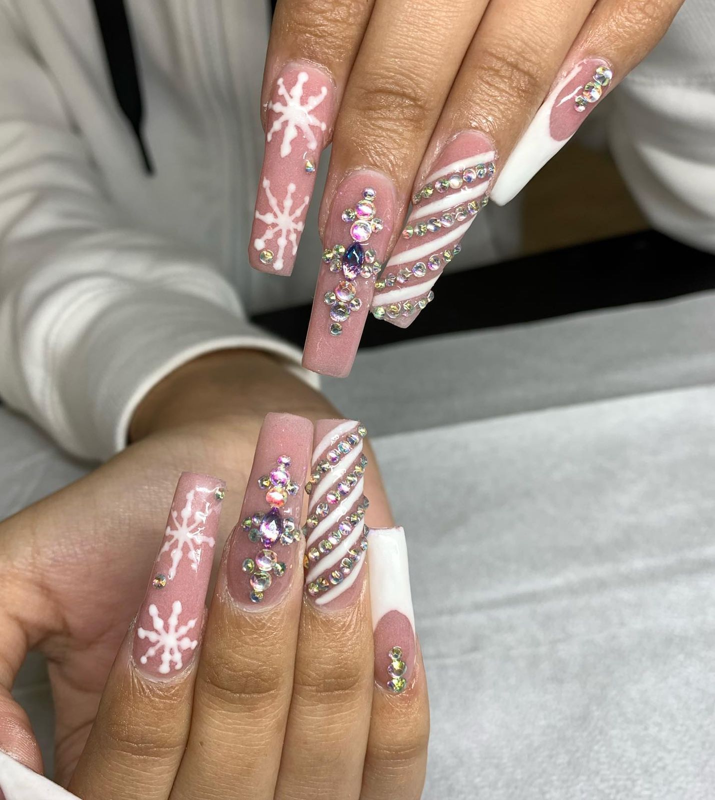 Matte Pink French Candy Cane Rhinestones — Long Christmas Nails 2026